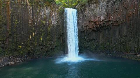 Abiqua Falls Waterfall Flowing into Forest Pool Within Basalt Cliffs Stock Footage 343018442