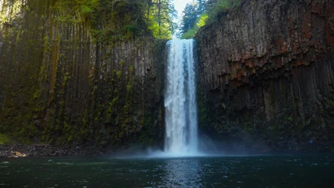 Abiqua Falls Waterfall Framed by Mossy Cliffs and Forest Pool, Oregon Stock Footage 343024386