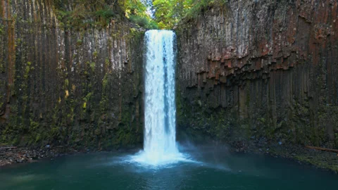 Abiqua Falls Waterfall Framed by Rugged Basalt Canyon Above Clear Pool Stock Footage 343023233