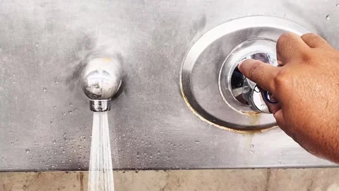 Ablution water taps in mosques made of stainless steel Stock Footage 306133378