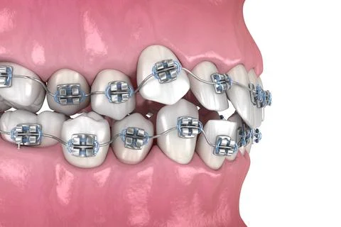 Abnormal teeth position and correction with metal braces tretament. Illustrazione stock