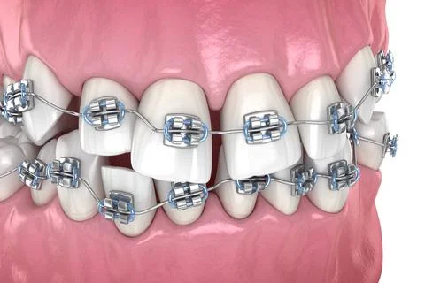 Abnormal teeth position and correction with metal braces tretament. Stockillustratie