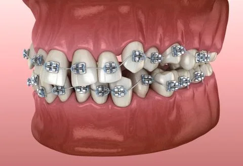 Abnormal teeth position and metal braces tretament. Medically accurate dental Illustrazione stock
