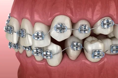 Abnormal teeth position and metal braces tretament. Medically accurate dental Stock Illustration