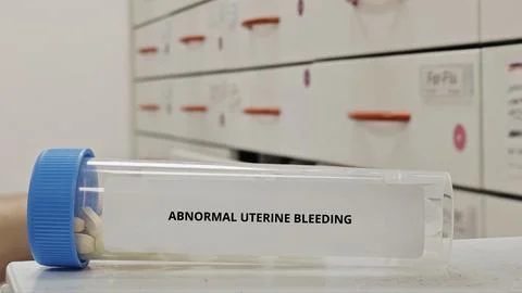 ABNORMAL UTERINE BLEEDING tablets for regulate menstrual bleeding and hormona Stock Photos