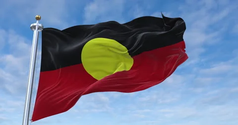 Aboriginal Australians flag with flagpole waving in rolling clouds looping, 4K Stock Footage 277164526