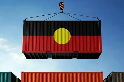Aboriginal Australians trade cargo container hanging against clouds background 스톡 일러스트