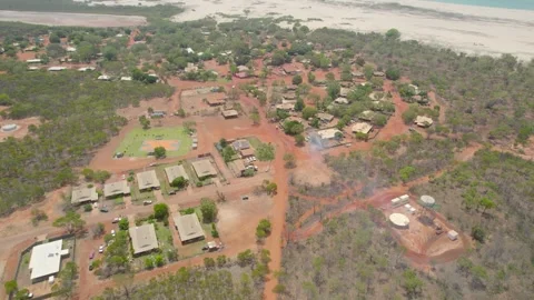 Aboriginal Community Settlement Near Remote Australian Coastline, Aerial Drone Stock Footage 335003593