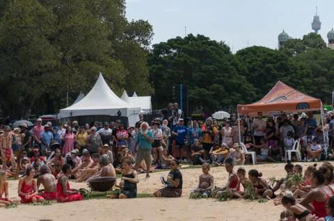 Aboriginal people performing traditional Aboriginal corroboree dance at Yabun Stock Photos