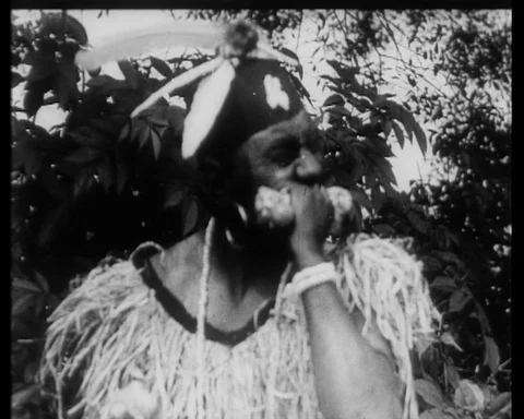 Aborigine man expressively eats meat out of two bones, UK 1914 Video stock 136674260