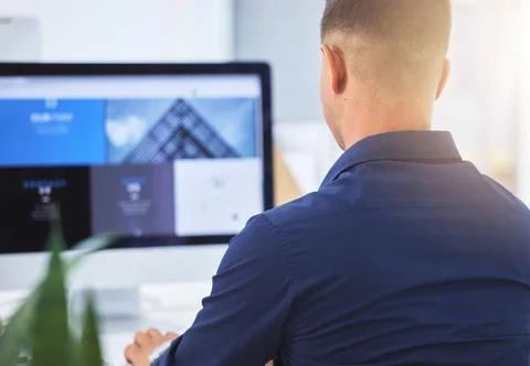 About us, computer screen and businessman typing a SEO proposal on a pc or Foto stock
