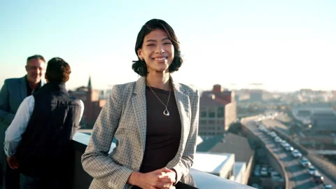 About us, face and business woman on rooftop in city for real estate or urban Stock Footage 337923986