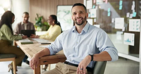 About us, face and smile of business man in office for collaboration or project Stock Footage 329398510