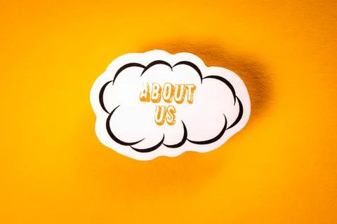 About Us. Text with speech cloud on yellow background Stock Photos