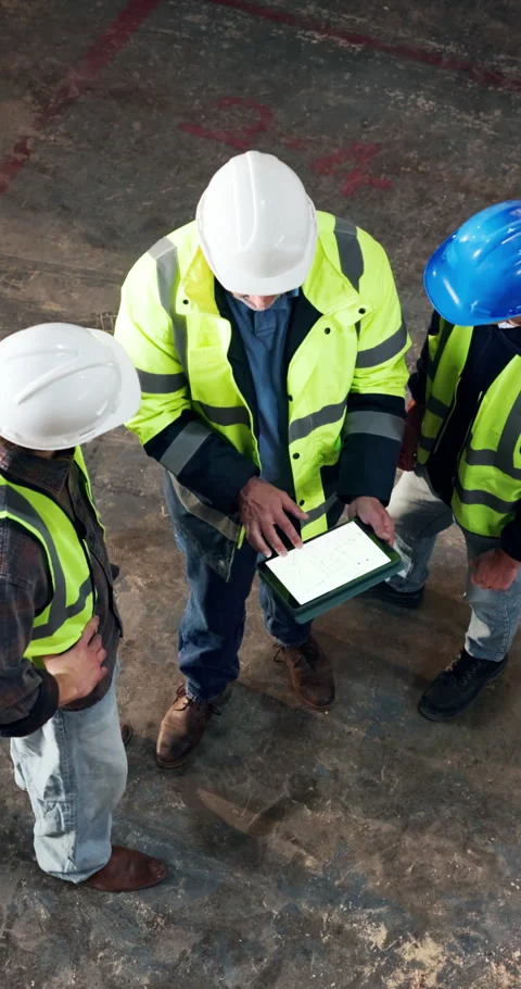 Above, architect and team in warehouse with tablet screen, conversation and Stock Footage 340605819