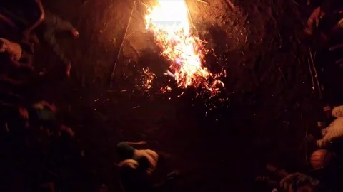 Above campfire and traditional dances in the village Video stock 80366265