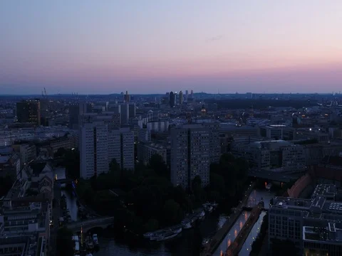 Above central Berlin, blue hour in summer, aerial at sundown. Stock Footage 79885345