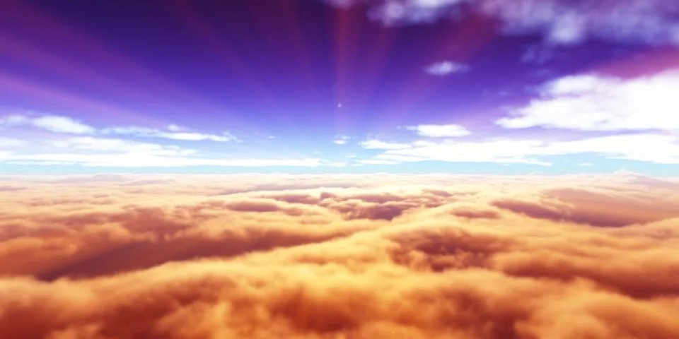 Above clouds fly sunset sun ray Stock Illustration