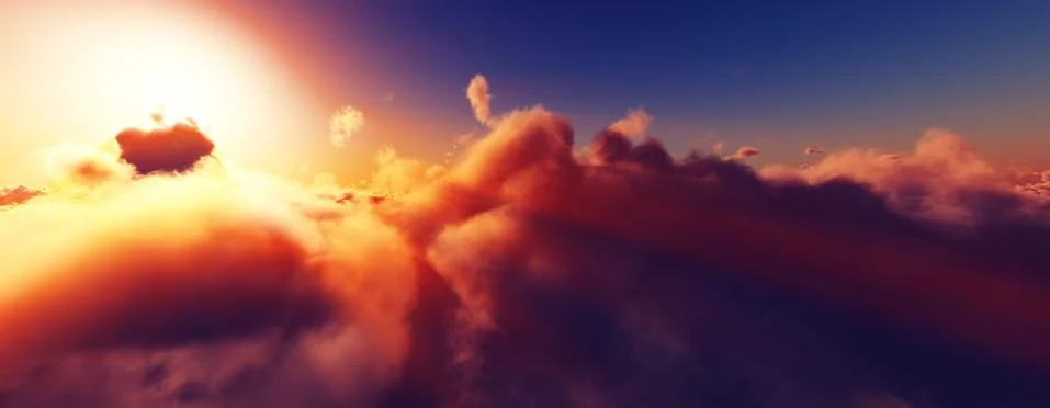 Above clouds fly sunset sun ray Stock Illustration