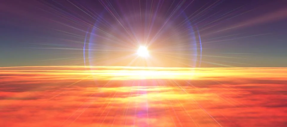 Above clouds fly sunset sun ray Stock Illustration