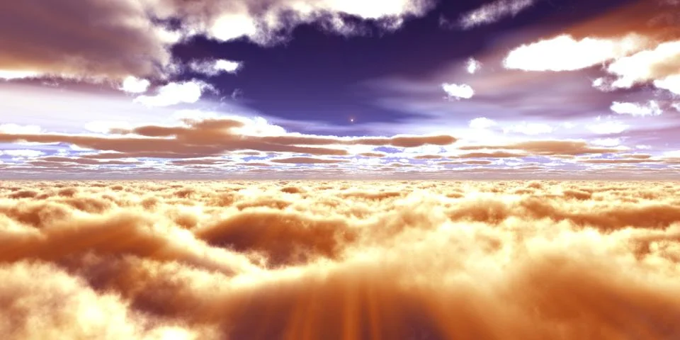 Above clouds fly sunset sun ray Stock Illustration
