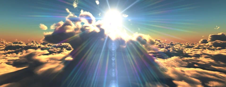 Above clouds fly sunset sun ray Stock Illustration