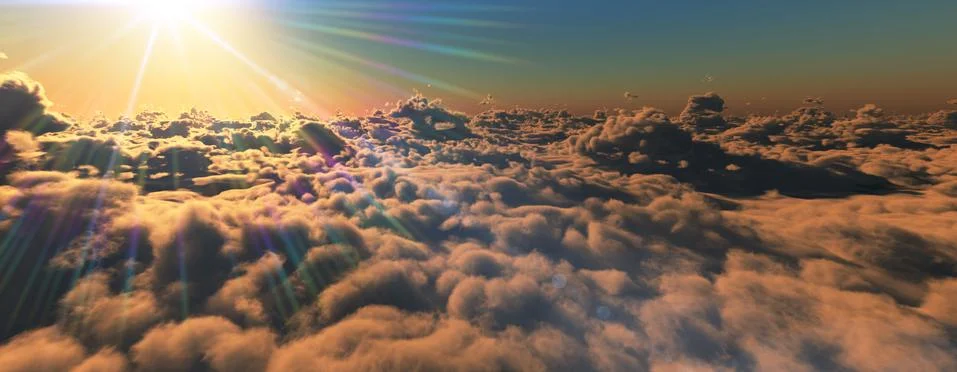 Above clouds fly sunset sun ray Stock Illustration