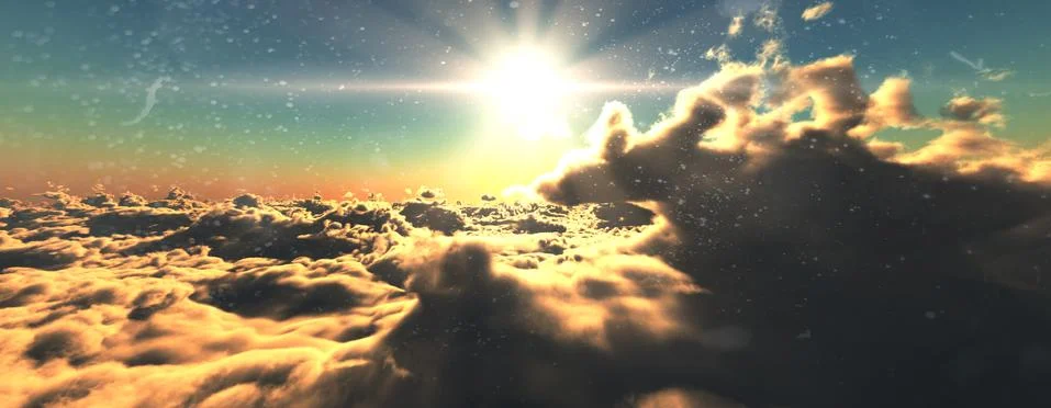 Above clouds fly sunset sun ray Stock Illustration
