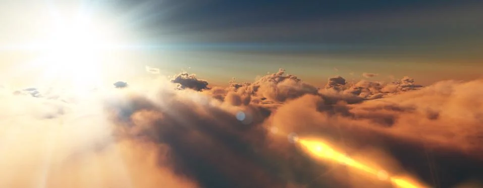 Above clouds fly sunset sun ray Stock Illustration