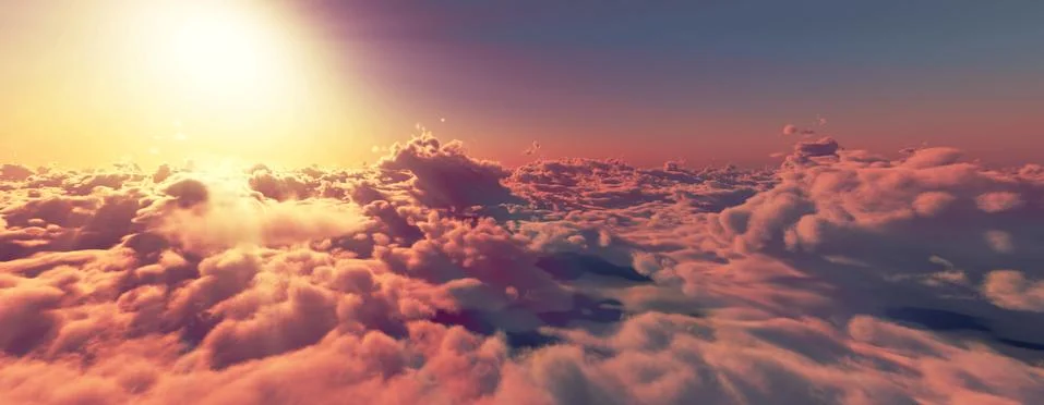 Above clouds fly sunset sun ray Stock Illustration
