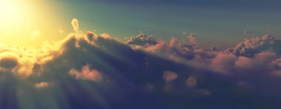 Above clouds fly sunset sun ray Stock Illustration