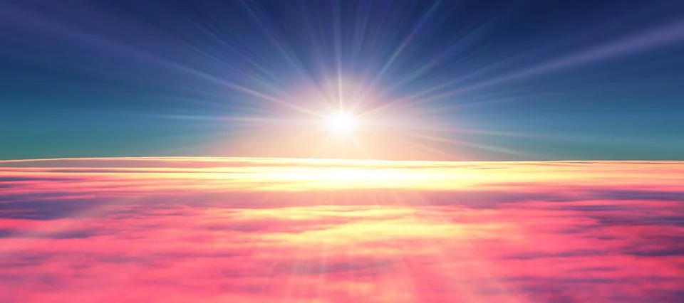 Above clouds fly sunset sun ray Stock Illustration