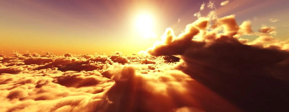 Above clouds fly sunset sun ray Stock Illustration