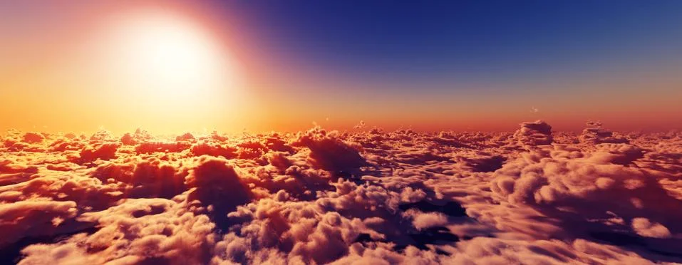 Above clouds fly sunset sun ray Stock Illustration