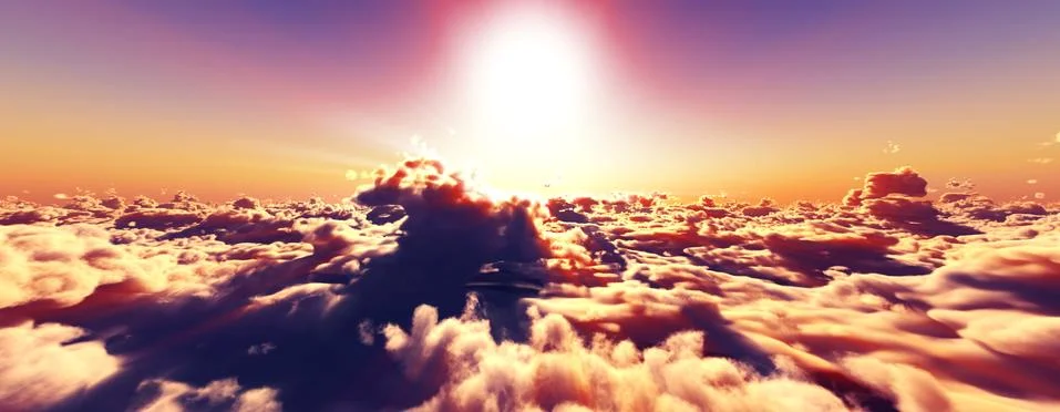 Above clouds fly sunset sun ray Stock Illustration