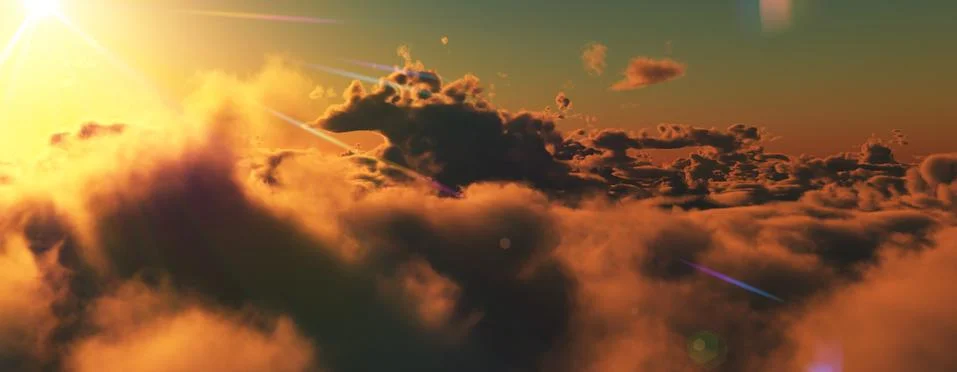 Above clouds fly sunset sun ray Stock Illustration