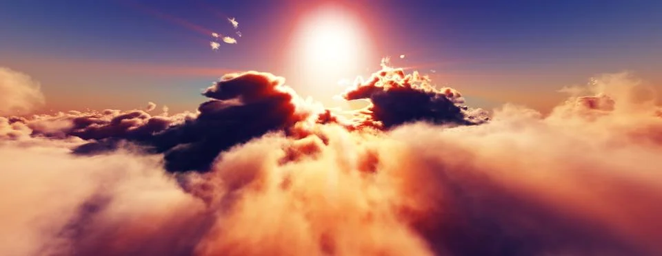 Above clouds fly sunset sun ray Stock Illustration