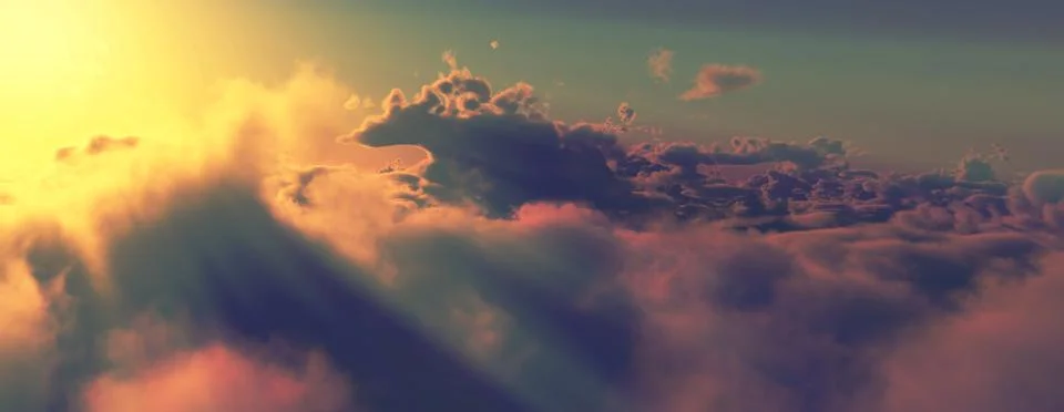 Above clouds fly sunset sun ray Stock Illustration