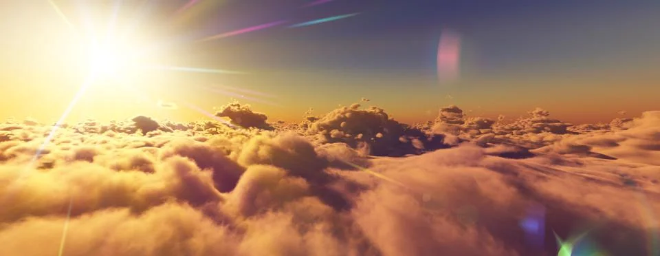 Above clouds fly sunset sun ray Stock Illustration