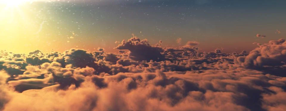 Above clouds fly sunset sun ray Stock Illustration