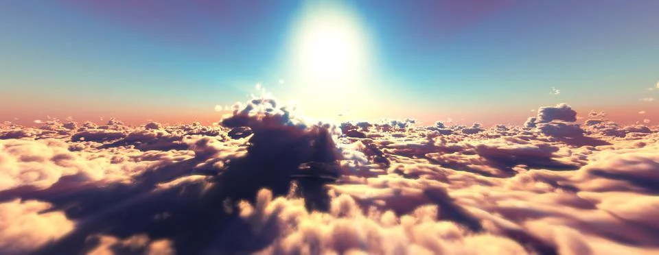 Above clouds fly sunset sun ray Stock Illustration