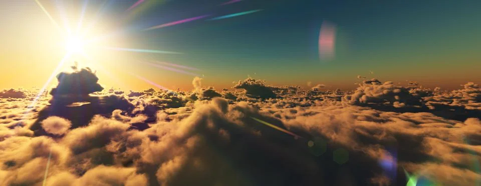 Above clouds fly sunset sun ray Stock Illustration