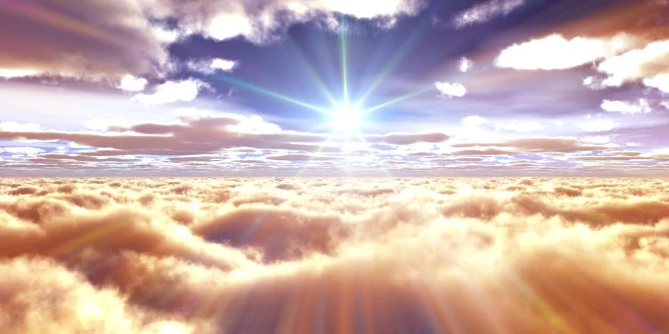 Above clouds fly sunset sun ray Stock Illustration