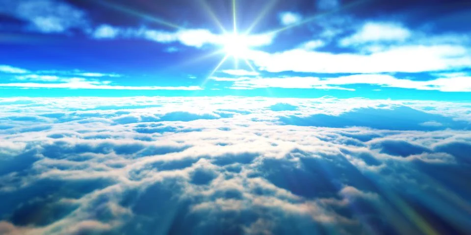 Above clouds fly sunset sun ray Stock Illustration