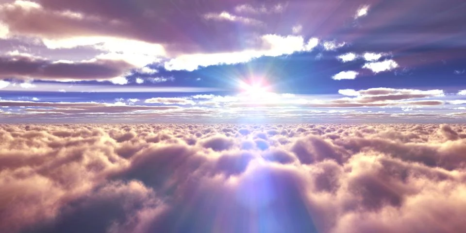 Above clouds fly sunset sun ray Illustrazione stock