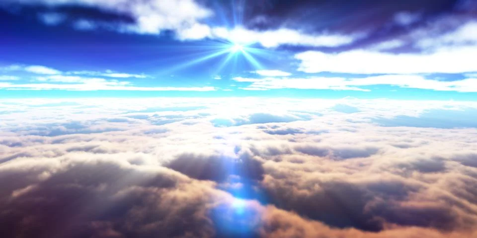 Above clouds fly sunset sun ray Stock Illustration