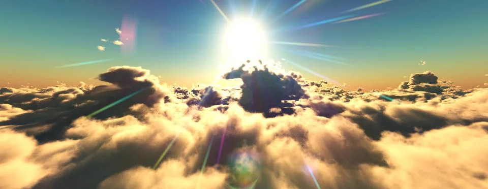 Above clouds fly sunset sun ray Stock Illustration