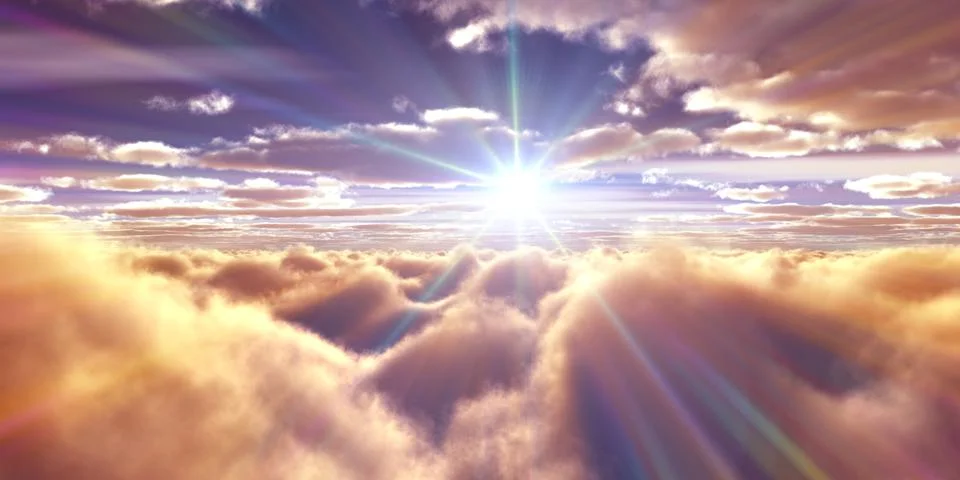 Above clouds fly sunset sun ray Stock Illustration