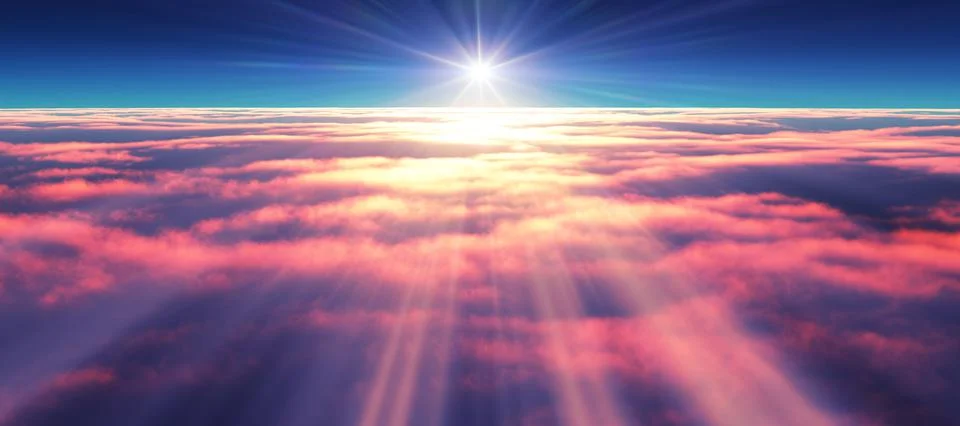 Above clouds fly sunset sun ray Stock Illustration