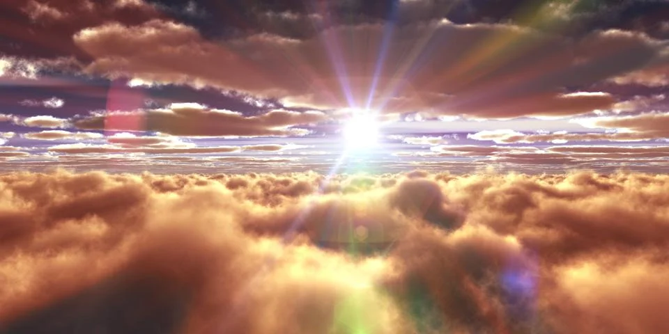 Above clouds fly sunset sun ray Stock Illustration